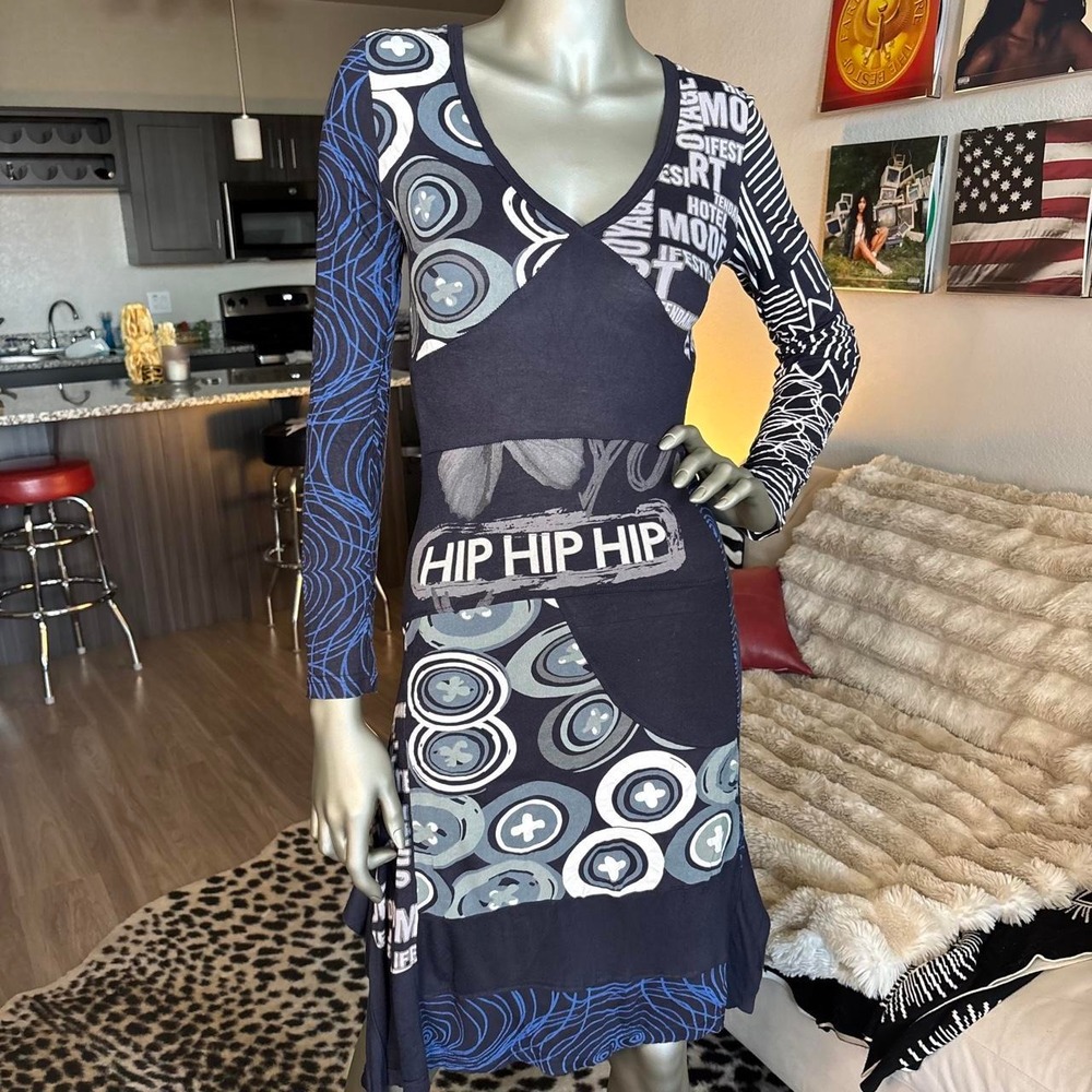 Vintage Desigual Patchwork Graphic Asymmetrical Long Sleeve Dress 🌀